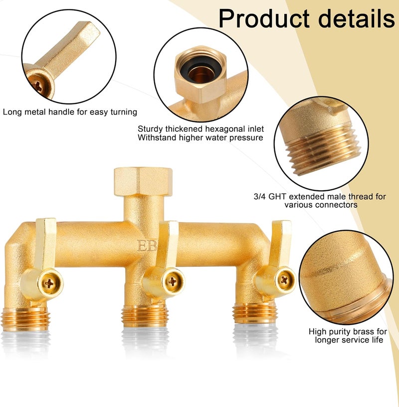 EBH Brass Garden Hose Splitter, 3 Way Outdoor Faucet Splitter, 3 Long Metal Handle and Individual On/Off Valve, GHT 3/4-Inch Heavy Duty Hex Female Inlet and 3/4-Inch Male Outlet - Image 3